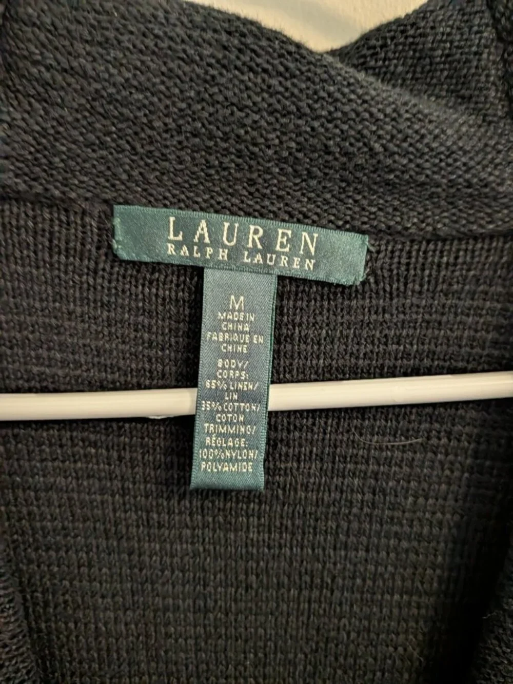 Lauren Ralph Lauren Cardigan M Black Linen Cotton Whipstitch Shawl Collar Boho